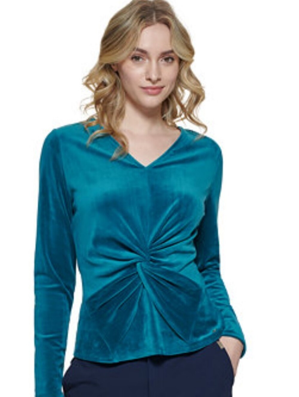 Tommy Hilfiger Teal Velvet Plush V-neck Twist-Front Long Sleeve Stretch Top M